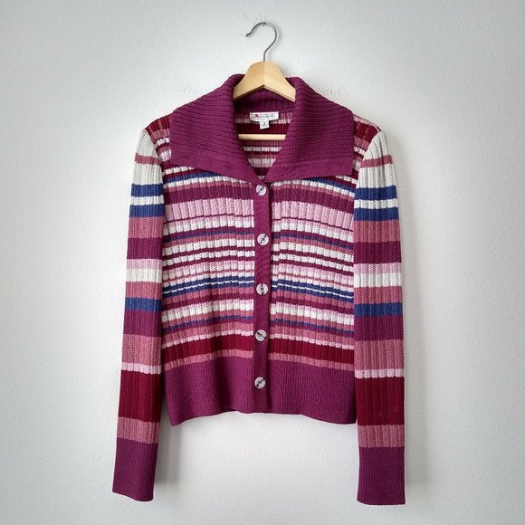 St. John Sweaters - St. John Sport Striped Big Collar Button Cardigan Sweater | S